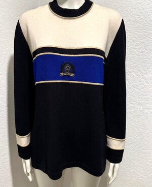 St John Sport Sweater Embroidered Crest Stripe Sz M Nautical Preppy Old Money